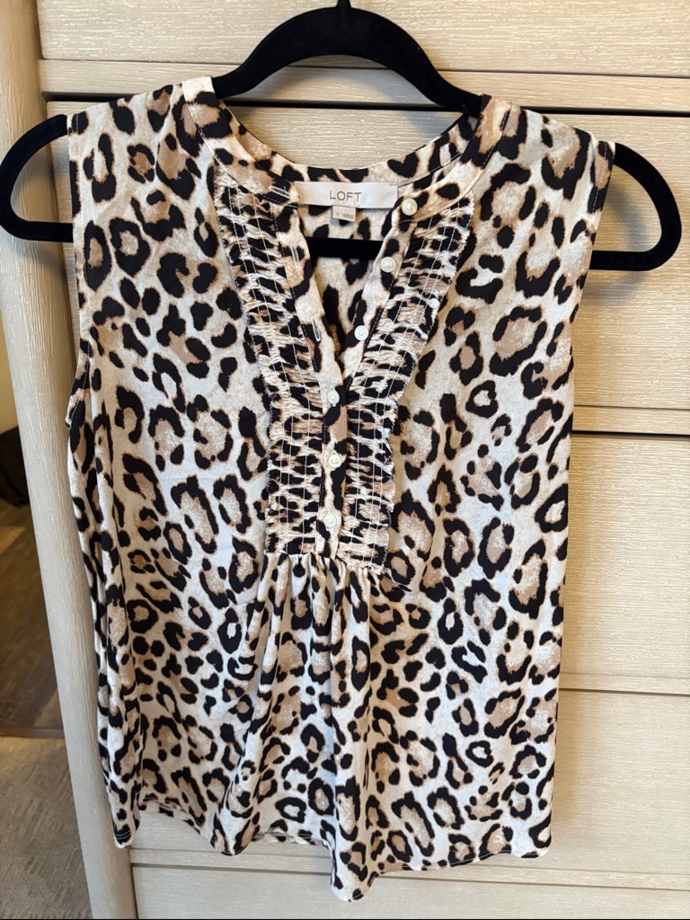 LOFT Beige and Black Leopard Print Ruffle Front Sleeveless Top